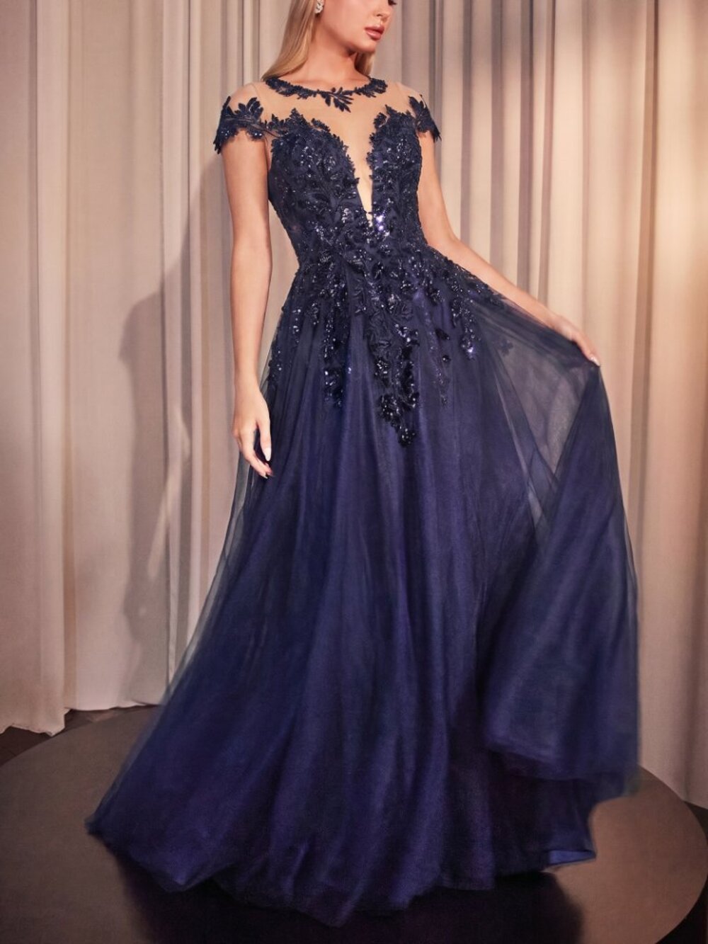NAVY BLUE FORMAL DRESS. NEW LONG MOTHER OF THE BRIDE FLORAL CAP SLEEVE PARTY